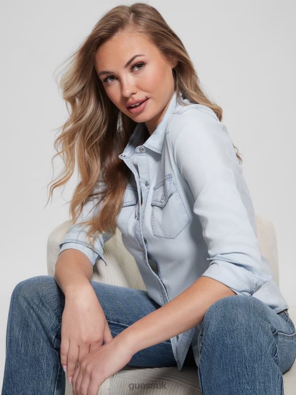 GUESS Women Eco Riley Denim Shirt Daydream Blue Wash Apparel V28V6132