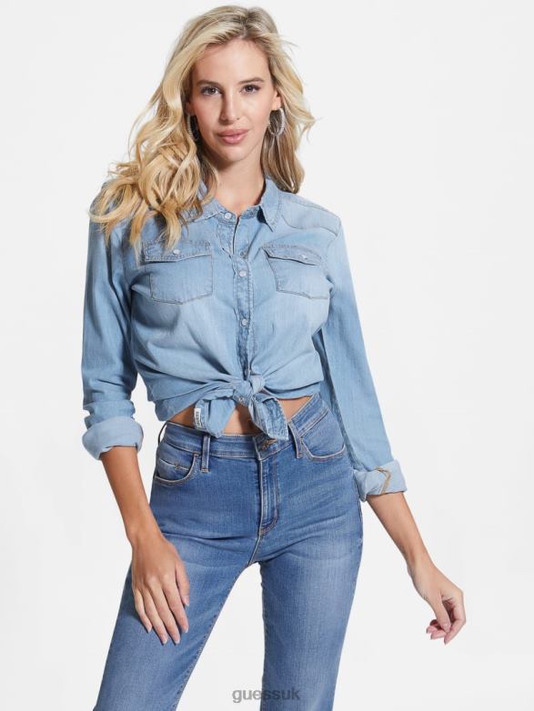 GUESS Women Eco Riley Denim Shirt Mid Tone Blue Apparel V28V6193