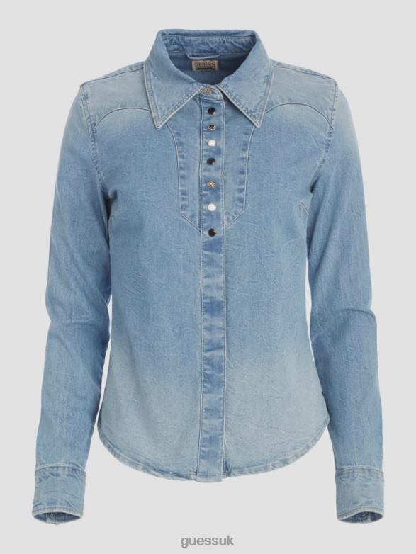 GUESS Women Eco Riley Denim Shirt Mid Tone Blue Apparel V28V6193