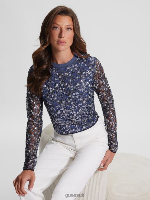 GUESS Women Elisa Floral Sequin Top Small Sequins Flower Apparel V28V61530