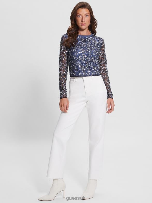 GUESS Women Elisa Floral Sequin Top Small Sequins Flower Apparel V28V61530