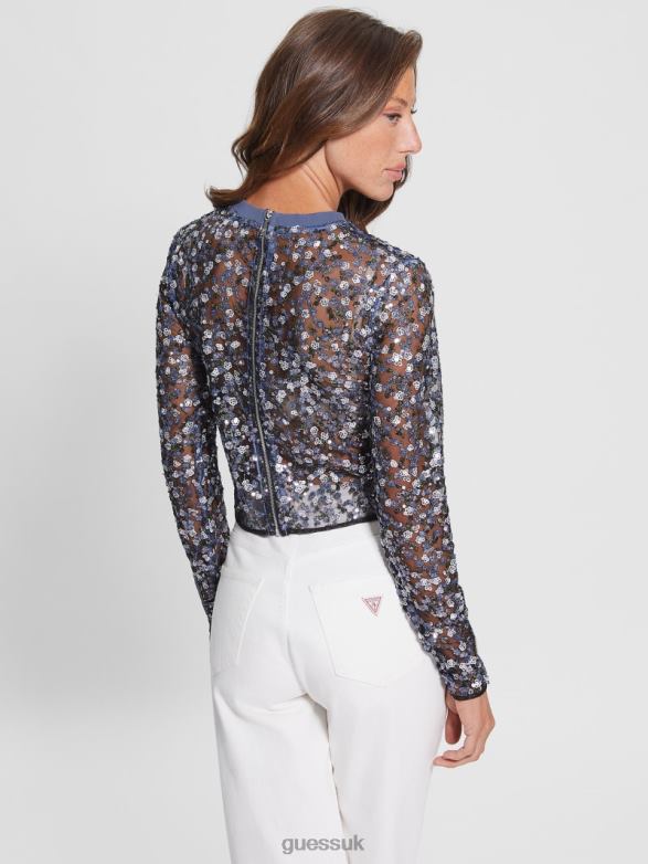 GUESS Women Elisa Floral Sequin Top Small Sequins Flower Apparel V28V61530
