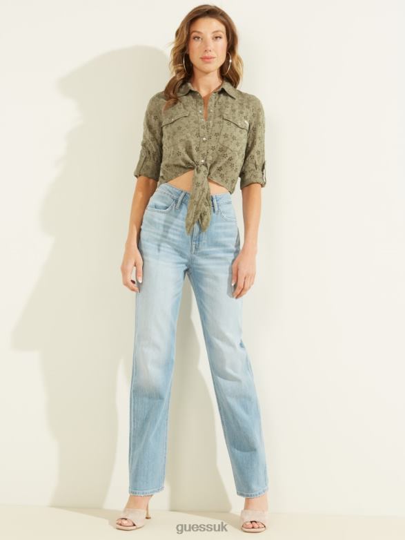 GUESS Women Eyelet Denim Shirt Flower Green Apparel V28V6291