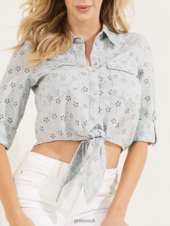 GUESS Women Eyelet Denim Shirt Flower Pale Blue Apparel V28V6232