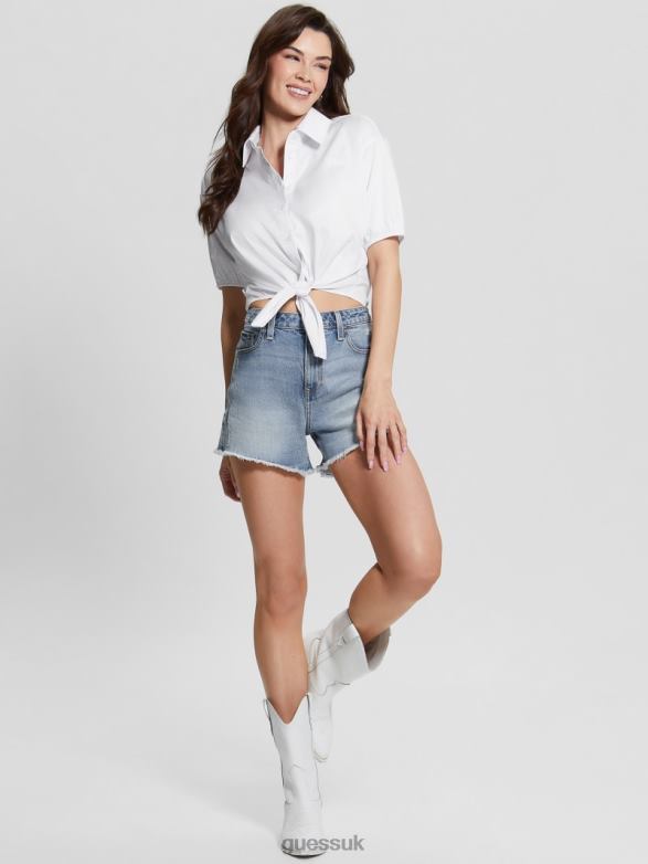 GUESS Women June Bowed Short-Sleeve Blouse Pure White Apparel V28V61178