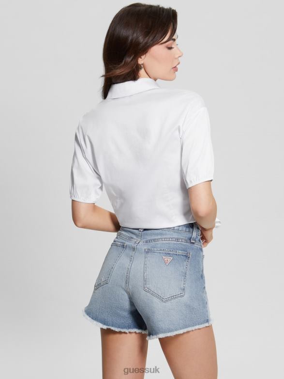 GUESS Women June Bowed Short-Sleeve Blouse Pure White Apparel V28V61178