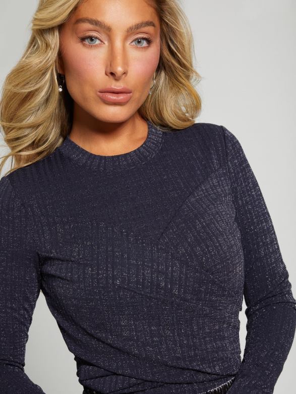 GUESS Women Kaeli Top Sparkly Melange Dark Blue Apparel V28V61416