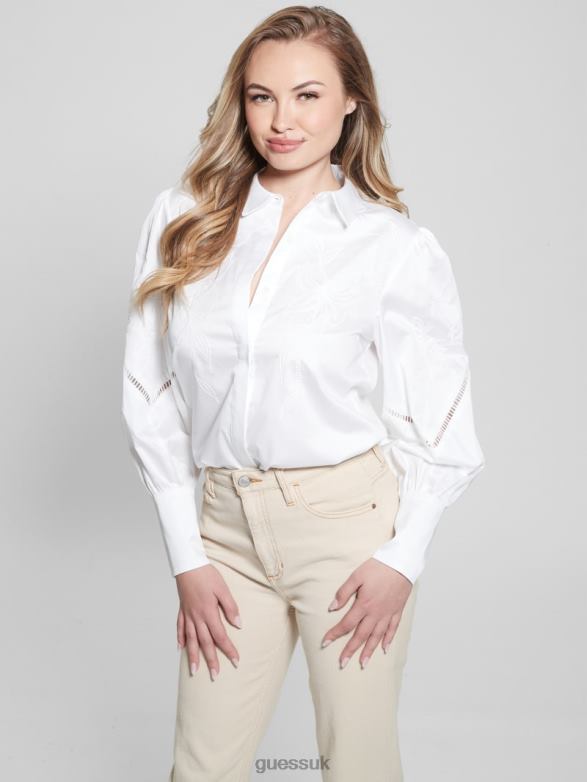 GUESS Women Lori Embroidered Woven Blouse Pure White Apparel V28V61055