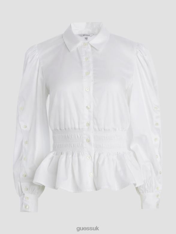 GUESS Women Mandy Smocked Blouse Pure White Apparel V28V61681