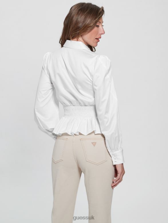 GUESS Women Mandy Smocked Blouse Pure White Apparel V28V61681