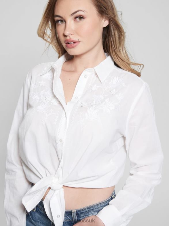 GUESS Women Nadia Embroidered Cotton Shirt Pure White Apparel V28V61165