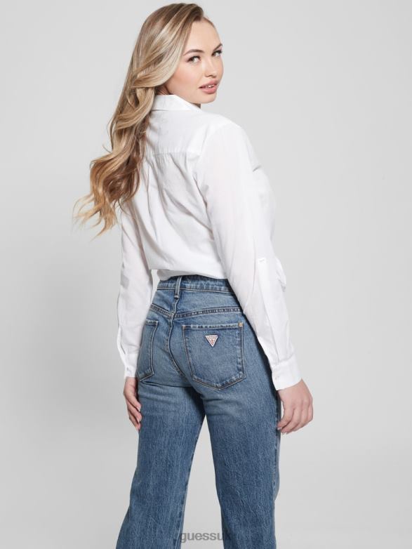 GUESS Women Nadia Embroidered Cotton Shirt Pure White Apparel V28V61165