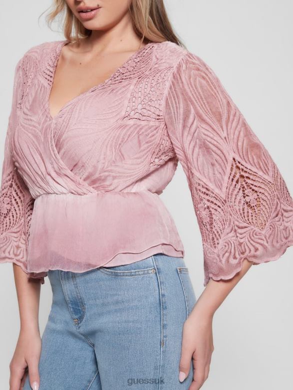 GUESS Women Pam Embroidered Top Vintage Blush Multi Apparel V28V61481