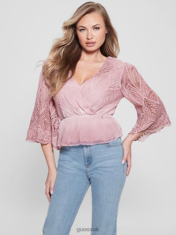 GUESS Women Pam Embroidered Top Vintage Blush Multi Apparel V28V61481