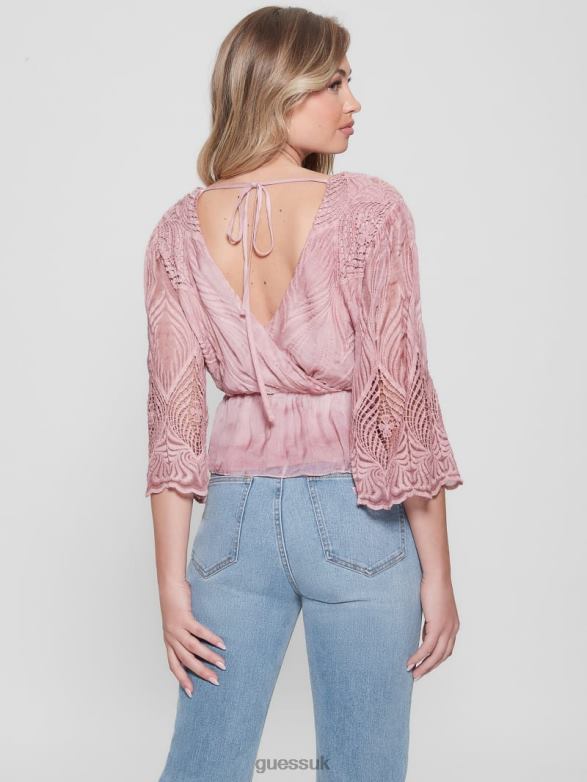 GUESS Women Pam Embroidered Top Vintage Blush Multi Apparel V28V61481