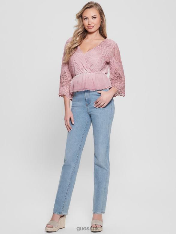 GUESS Women Pam Embroidered Top Vintage Blush Multi Apparel V28V61481
