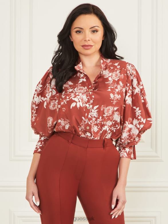 GUESS Women Petal Pose Yvonne Blouse Petal Pose Dark Jam Red Apparel V28V61628