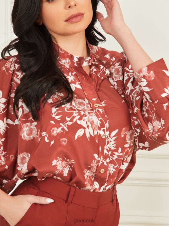 GUESS Women Petal Pose Yvonne Blouse Petal Pose Dark Jam Red Apparel V28V61628