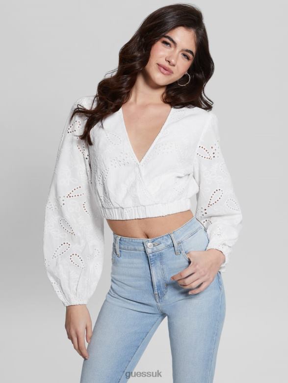 GUESS Women Stella Eyelet Top Pure White Apparel V28V6988