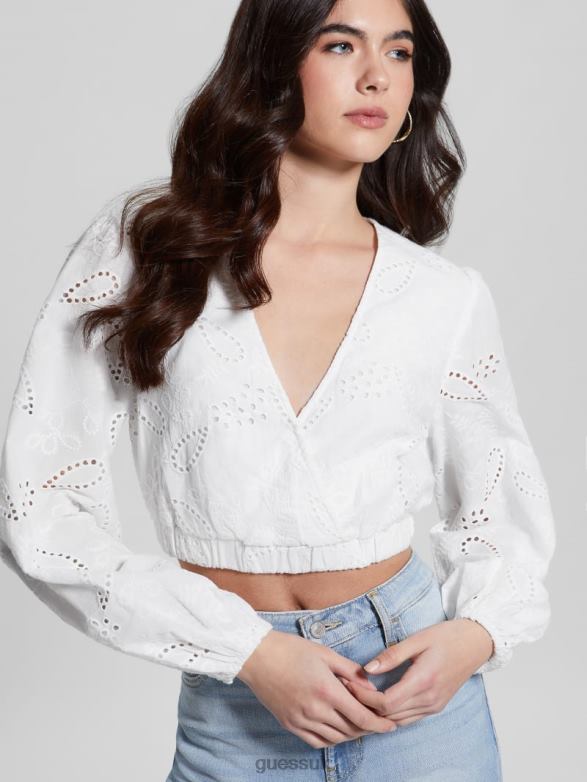 GUESS Women Stella Eyelet Top Pure White Apparel V28V6988