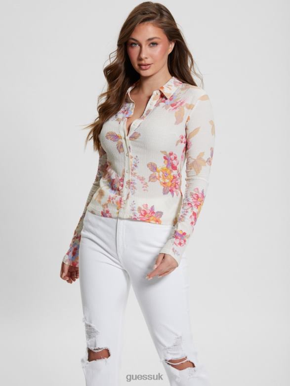 GUESS Women Tessa Smocked Top Catalina Blooms Apparel V28V6949