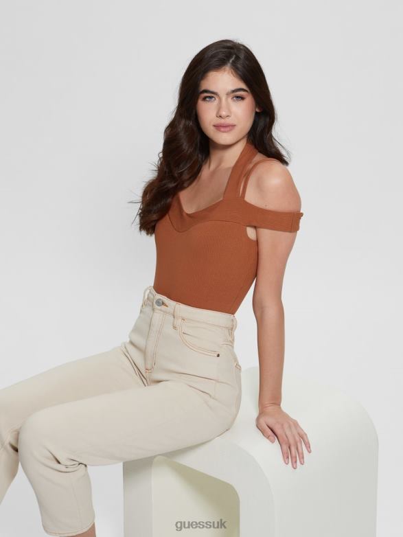 GUESS Women Eco Cora Cold-Shoulder Bodysuit Fireplace Brick Apparel V28V61230