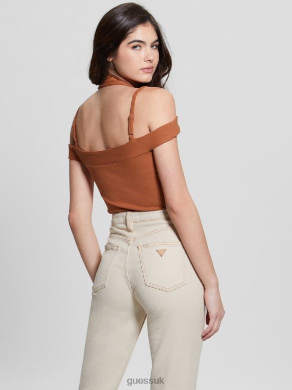 GUESS Women Eco Cora Cold-Shoulder Bodysuit Fireplace Brick Apparel V28V61230