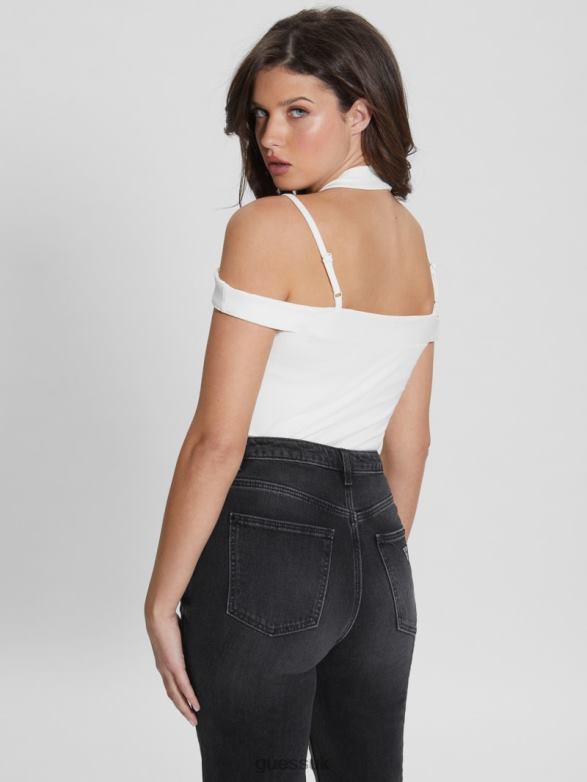 GUESS Women Eco Cora Cold-Shoulder Bodysuit White Glam Apparel V28V61096