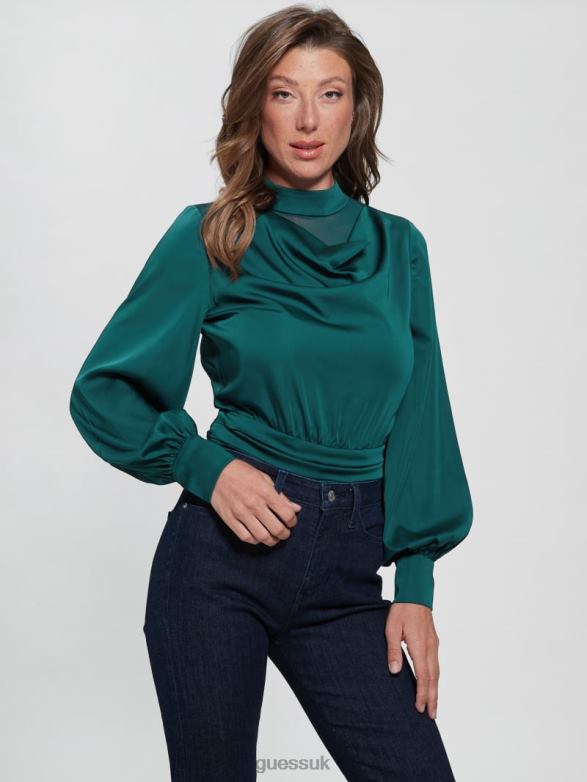 GUESS Women Eco Katie Mock Neck Bodysuit Regal Teal Apparel V28V61192