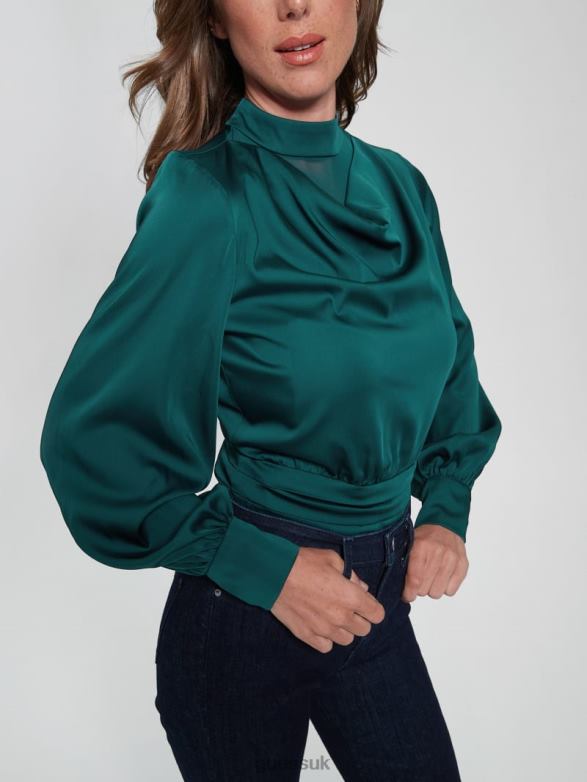 GUESS Women Eco Katie Mock Neck Bodysuit Regal Teal Apparel V28V61192