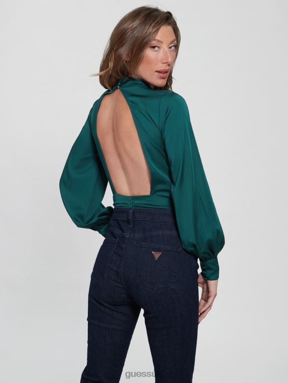 GUESS Women Eco Katie Mock Neck Bodysuit Regal Teal Apparel V28V61192