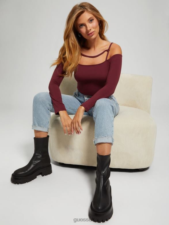 GUESS Women Eco Malaya Harnessed Bodysuit Mystic Wine Apparel V28V61557