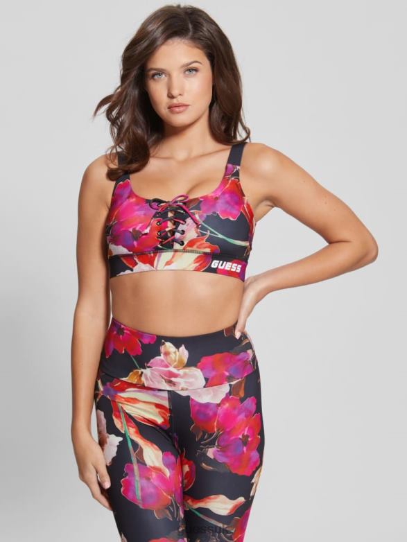 GUESS Women Eco Corine Active Sports Bra Pink And Black Macro Flow Apparel V28V61694