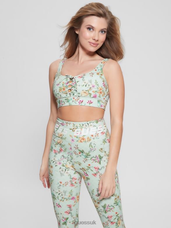 GUESS Women Eco Davin Printed Active Bra Acqua Field Flower Apparel V28V61124