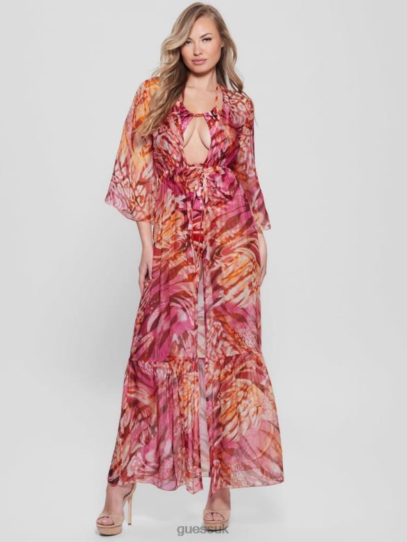 GUESS Women Long Silk-Blend Kimono Colorfull Animalier Apparel V28V62571