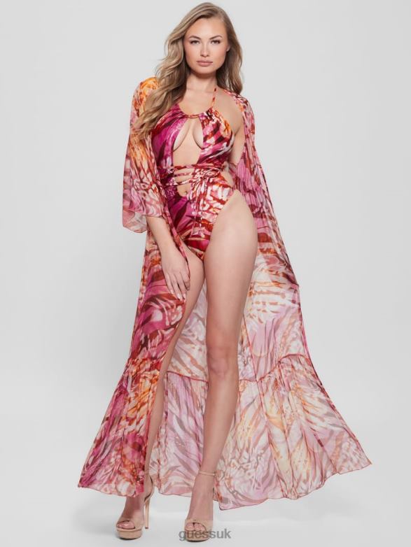 GUESS Women Long Silk-Blend Kimono Colorfull Animalier Apparel V28V62571
