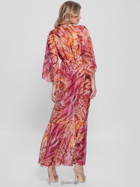 GUESS Women Long Silk-Blend Kimono Colorfull Animalier Apparel V28V62571