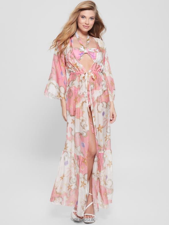 GUESS Women Long Silk-Blend Kimono Sea And Shell All Over Pi Apparel V28V62562