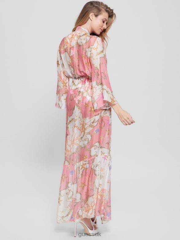 GUESS Women Long Silk-Blend Kimono Sea And Shell All Over Pi Apparel V28V62562