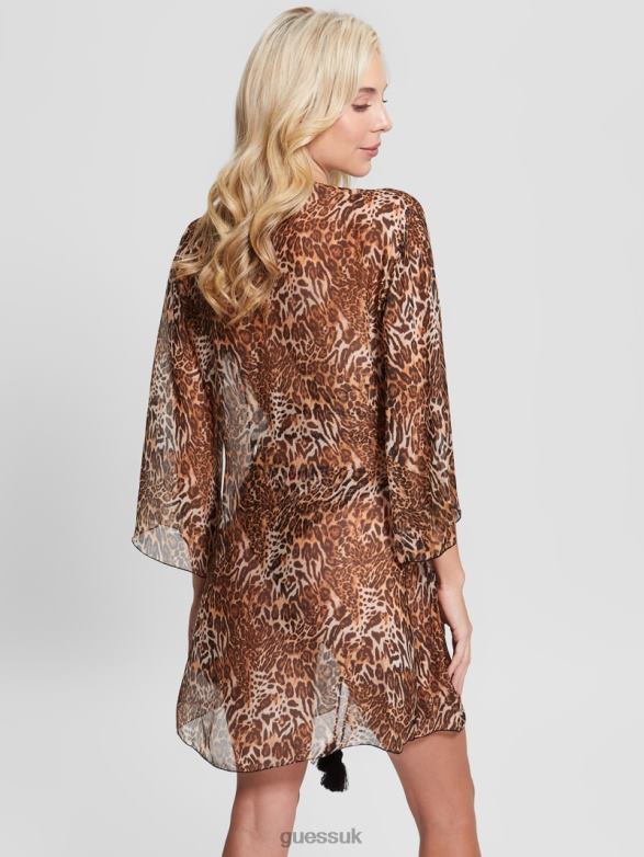 GUESS Women Silk-Blend Kimono Iconic Leopard Combo Apparel V28V62535