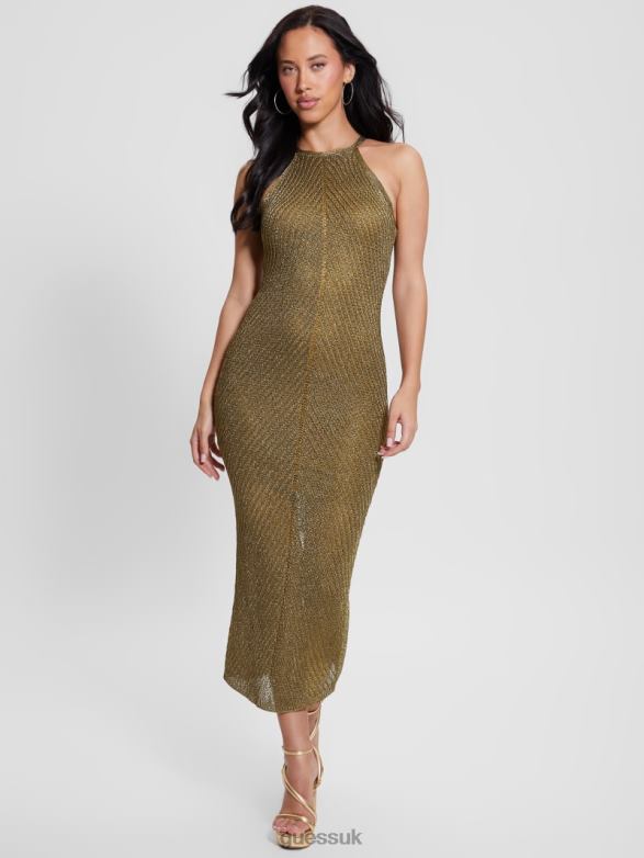 GUESS Women Alexie Lurex Halter Maxi Dress Black Gold Multi Apparel V28V6370