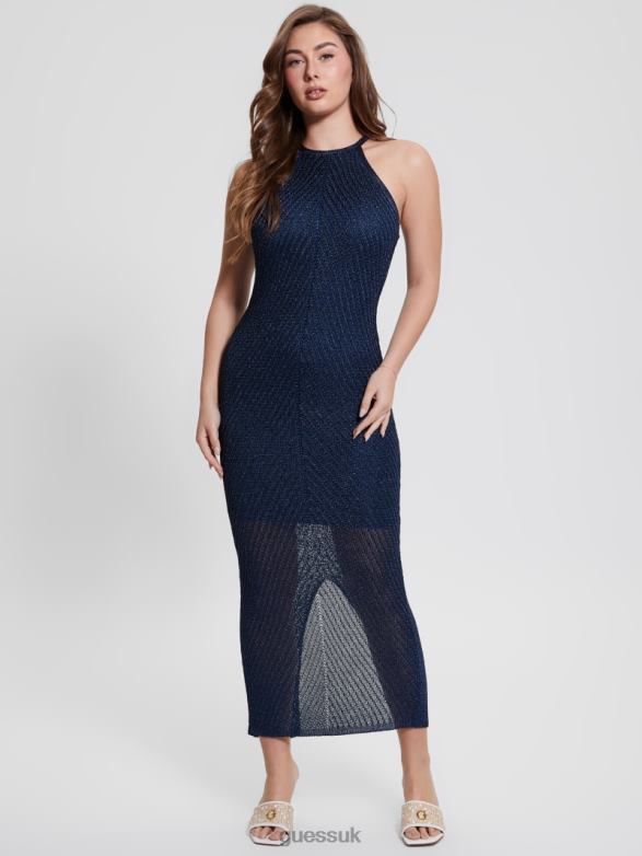 GUESS Women Alexie Lurex Halter Maxi Dress Blackened Blue Multi Apparel V28V6324