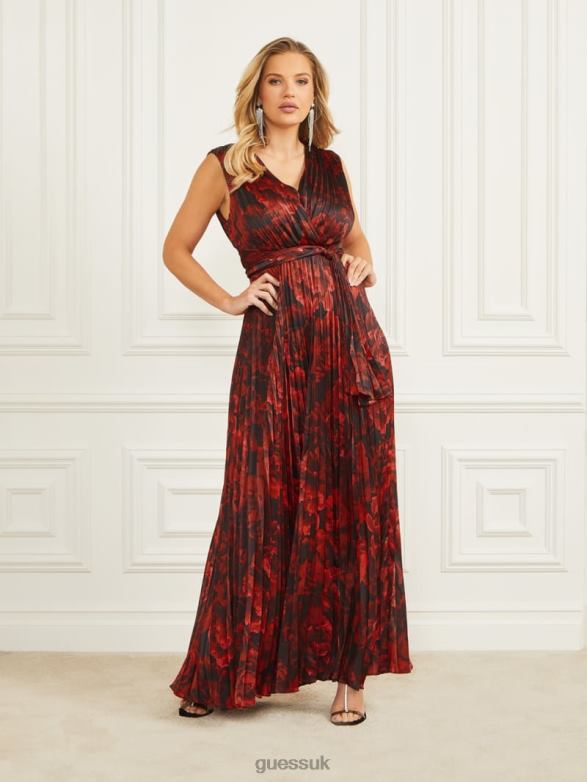 GUESS Women Annika Pleated Maxi Dress Passion Flower Print Apparel V28V6823