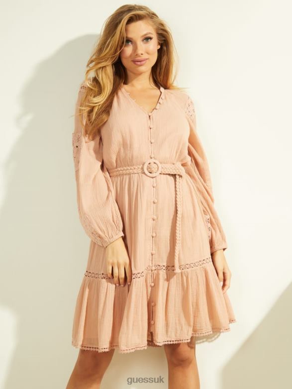 GUESS Women Arita Belted Gauze Dress Bronze Skin Multi Apparel V28V6918