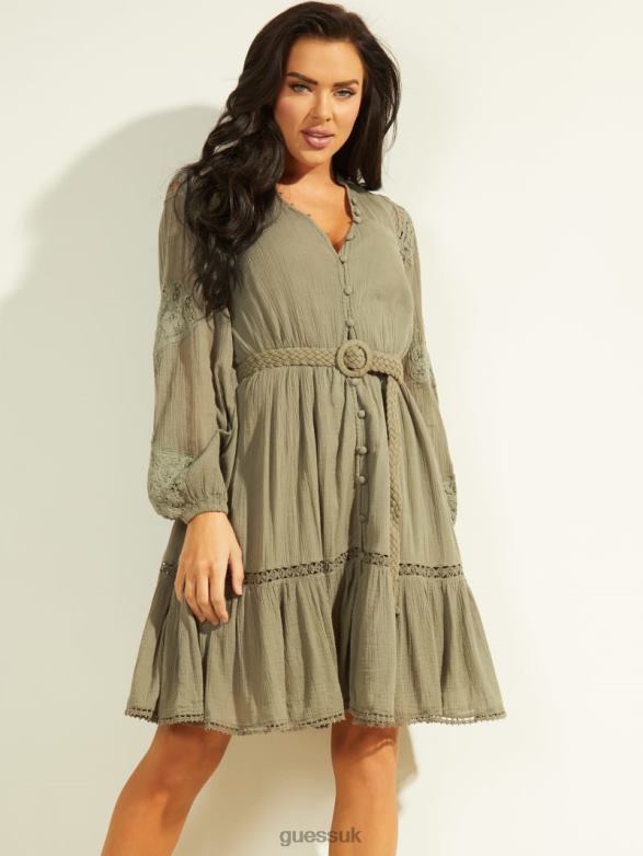 GUESS Women Arita Belted Gauze Dress Lichen Leaf Green Multi Apparel V28V6917