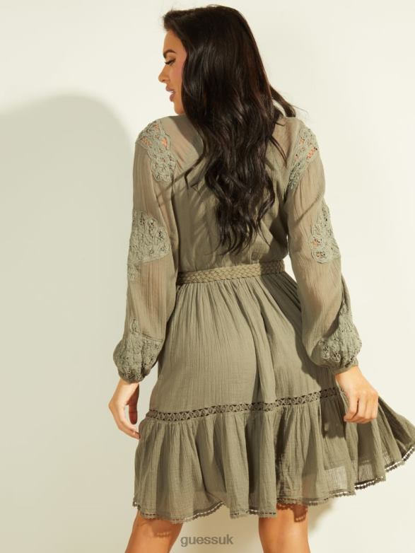GUESS Women Arita Belted Gauze Dress Lichen Leaf Green Multi Apparel V28V6917