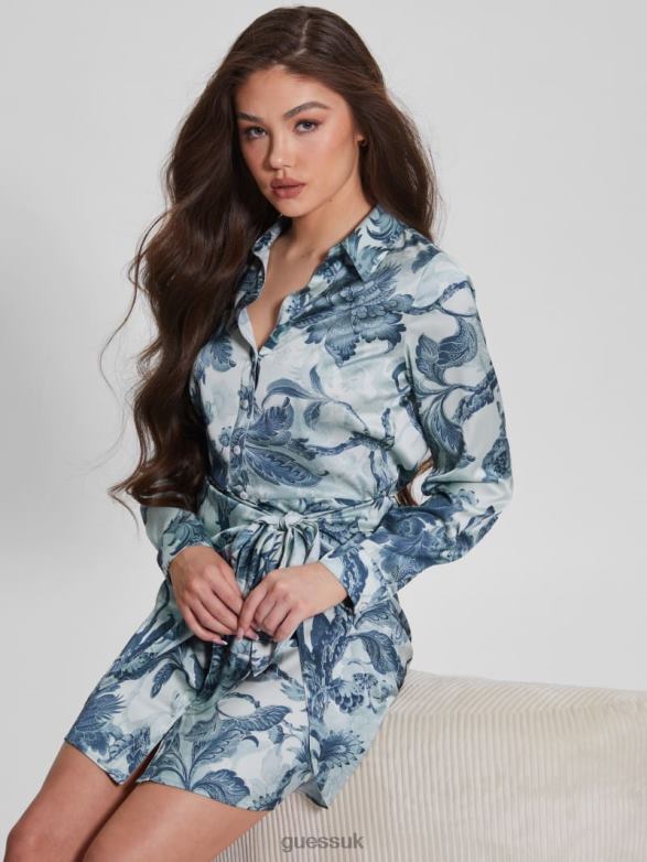GUESS Women Eco Alya Printed Dress Porcelain Floral Print Bl Apparel V28V6740