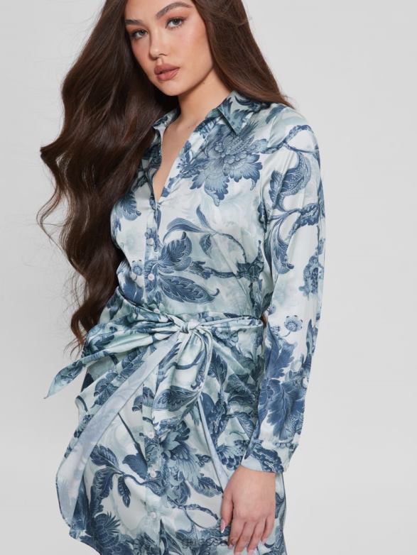 GUESS Women Eco Alya Printed Dress Porcelain Floral Print Bl Apparel V28V6740