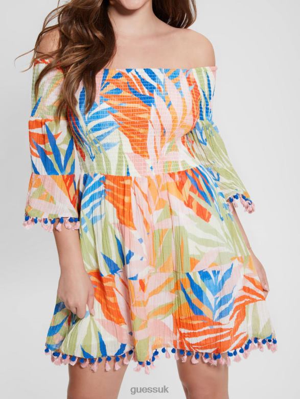 GUESS Women Eco Charlotte Off-the-Shoulder Sun Dress Havana Print Apparel V28V6342