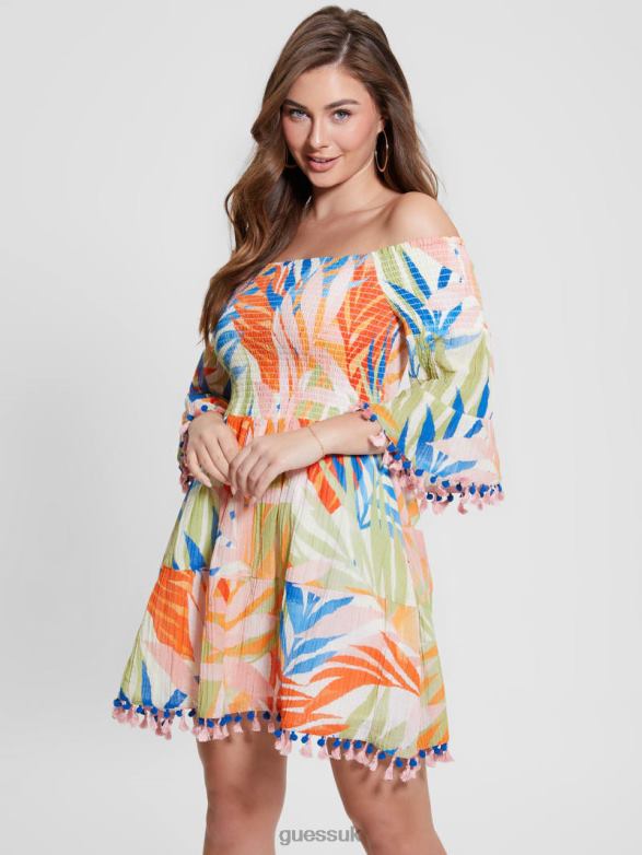GUESS Women Eco Charlotte Off-the-Shoulder Sun Dress Havana Print Apparel V28V6342